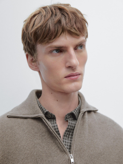 Massimo Dutti Вязаный свитер с воротником-стойкой на молнии, светлый хаки