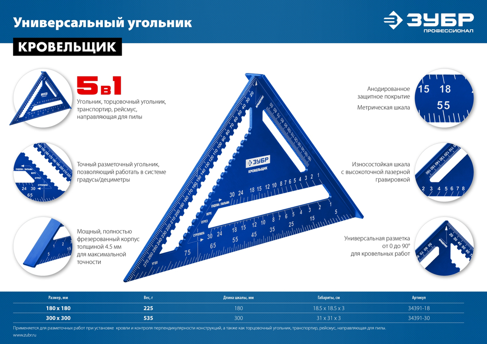 ЗУБР Кровельщик, 300 мм, 5-в-1, универсальный кровельный угольник, Профессионал (34391-30)