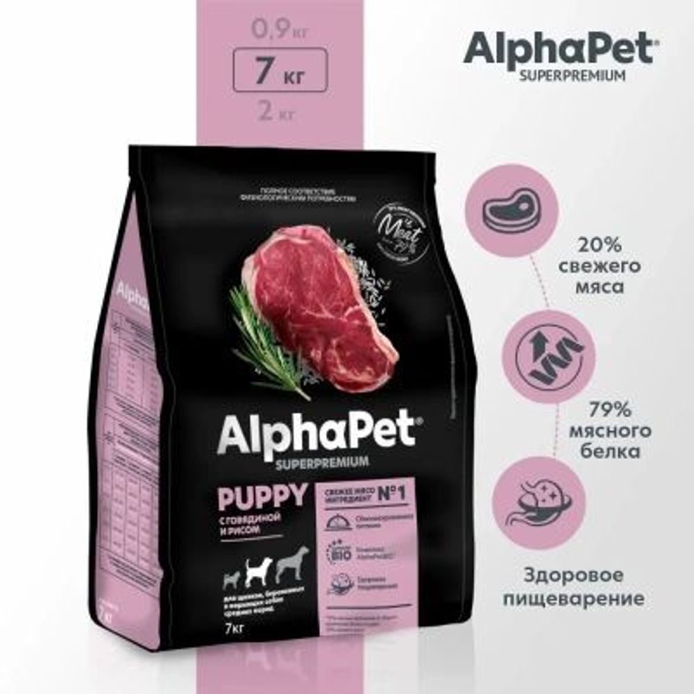 Корм для щенков и собак юниоров сухой AlphaPet Superpremium для животных средних пород, с говядиной и рисом, 7 кг