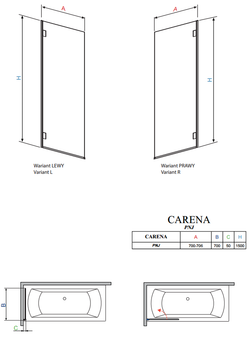 Шторка на ванну  Radaway Carena  PNJ 70 202101-101R правая, крепится справа схема