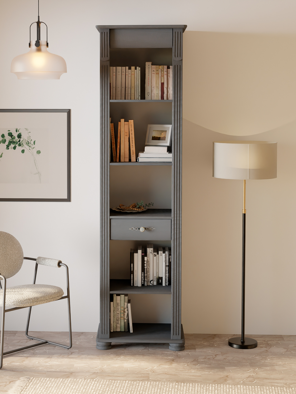 Шкаф витрина, 54х42х195, Susanna, сервант для посуды, стеллаж для книг, деревянная, серый, MAKOSA