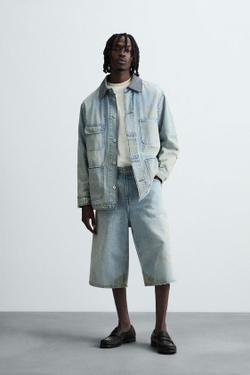 ZARA ДЖИНСОВЫЕ ШОРТЫ-БЕРМУДЫ BAGGY FIT В ВИНТАЖНОМ СТИЛЕ, ГОЛУБОЙ