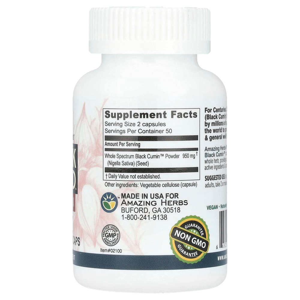 Amazing Herbs, Black Seed™, оригинальный состав без добавок, 100 вегетарианских капсул (475 мг в 1 капсуле)
