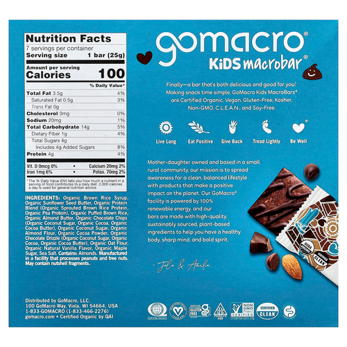 GoMacro, Kids MacroBar®, брауни с двойной порцией шоколада, 7 батончиков по 25 г (0,9 унции)