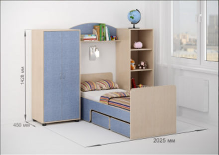 Детская стенка КарИВи Л-№25  Дуб Молочный Светло-синий, голубой