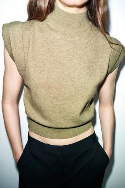 ZARA ТРИКОТАЖНЫЙ ТОП, СВЕТЛЫЙ ХАКИ