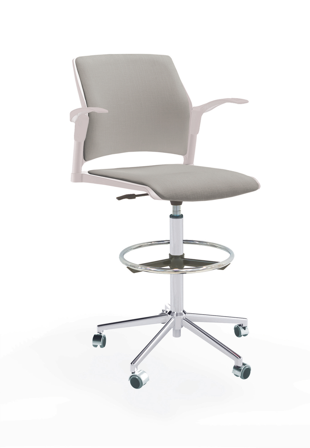 Кресло Rewind каркас хром, пластик белый, база стальная хромированная, с открытыми подлокотниками, сиденье и спинка светло-серые