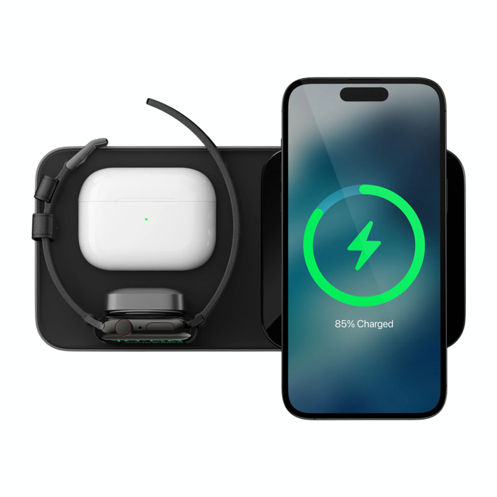 Зарядная станция MagSafe Nomad Base One Max 2-го поколения для iPhone, Apple Watch и AirPods Беспроводная зарядка: Qi 15 Вт, Qi 5 Вт, магнитное крепление для быстрой зарядки Apple Watch. Проводная зарядка: нет. Сертификация MFi. Отсутствует LED-индикация