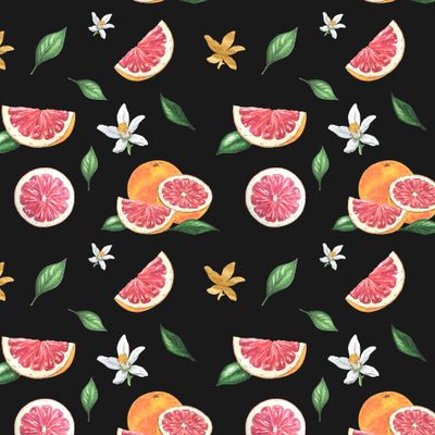 Грейпфрут, цветы и листья на черном