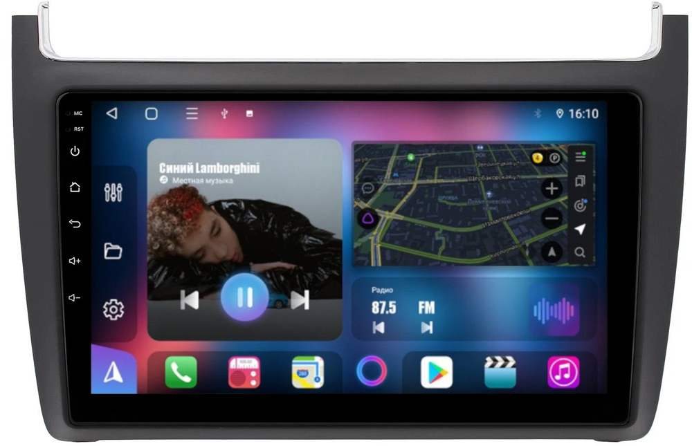 Магнитола для Volkswagen Polo 2009-2020 (рамка черная матовая) - FarCar BM910M монитор 9.5" QLED на Android 14, TS10, 4+32Гб, CarPlay, 4G SIM-слот