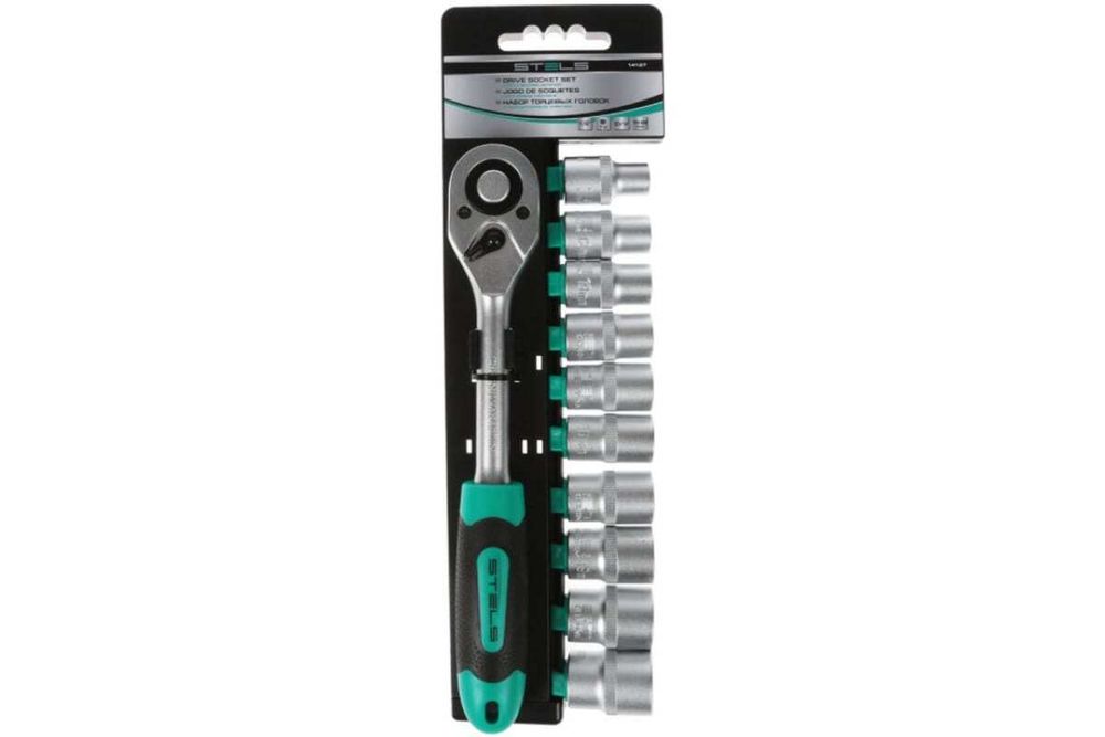14127 Набор торцевых головок, 1/2", головки 10 - 22 мм, с трещот. ключом, CrV, 11 предм. Stels