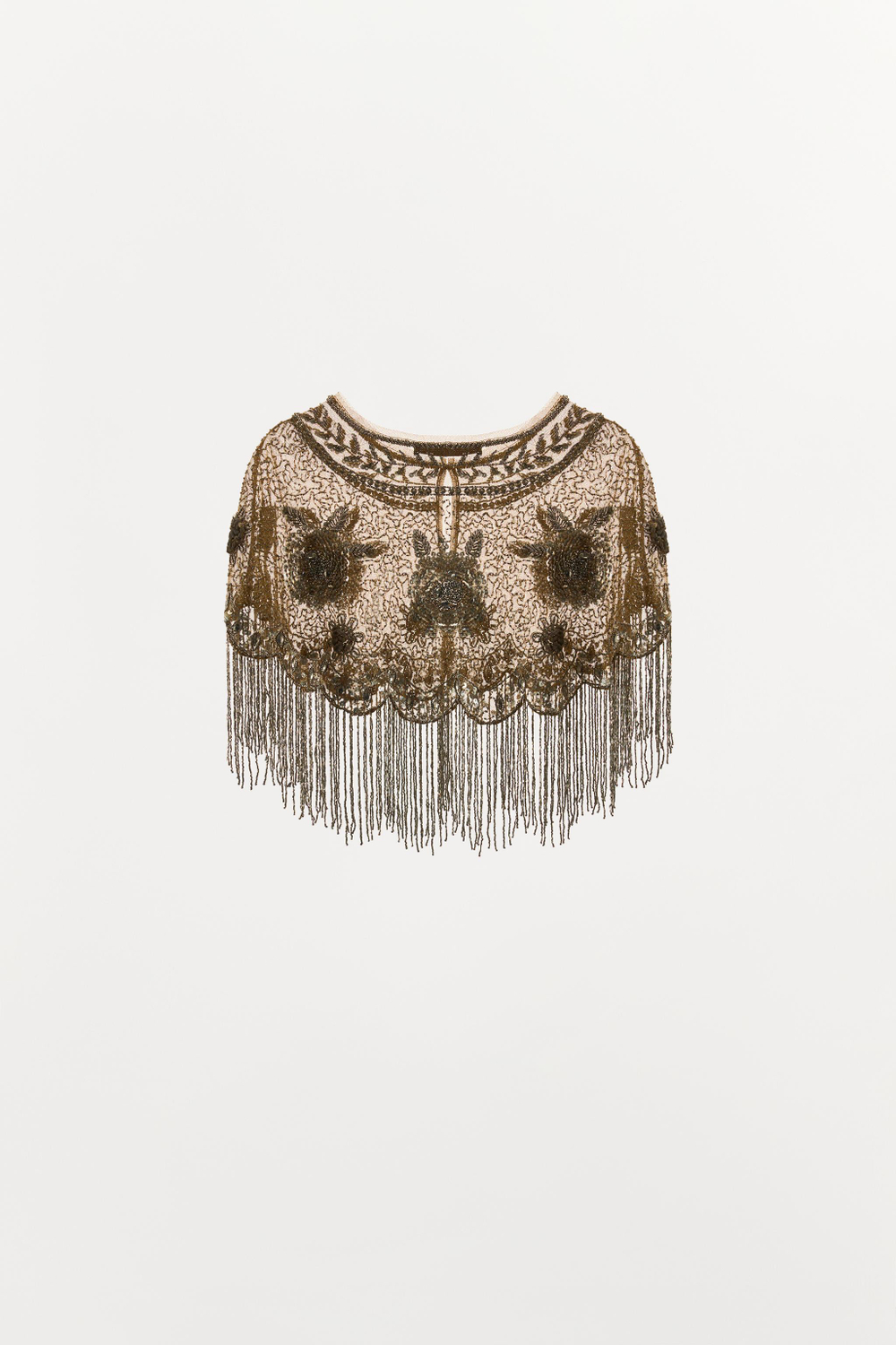 ZARA НАКИДКА С ВЫШИВКОЙ, БУСИНАМИ И БАХРОМОЙ, СЕРЕБРИСТЫЙ