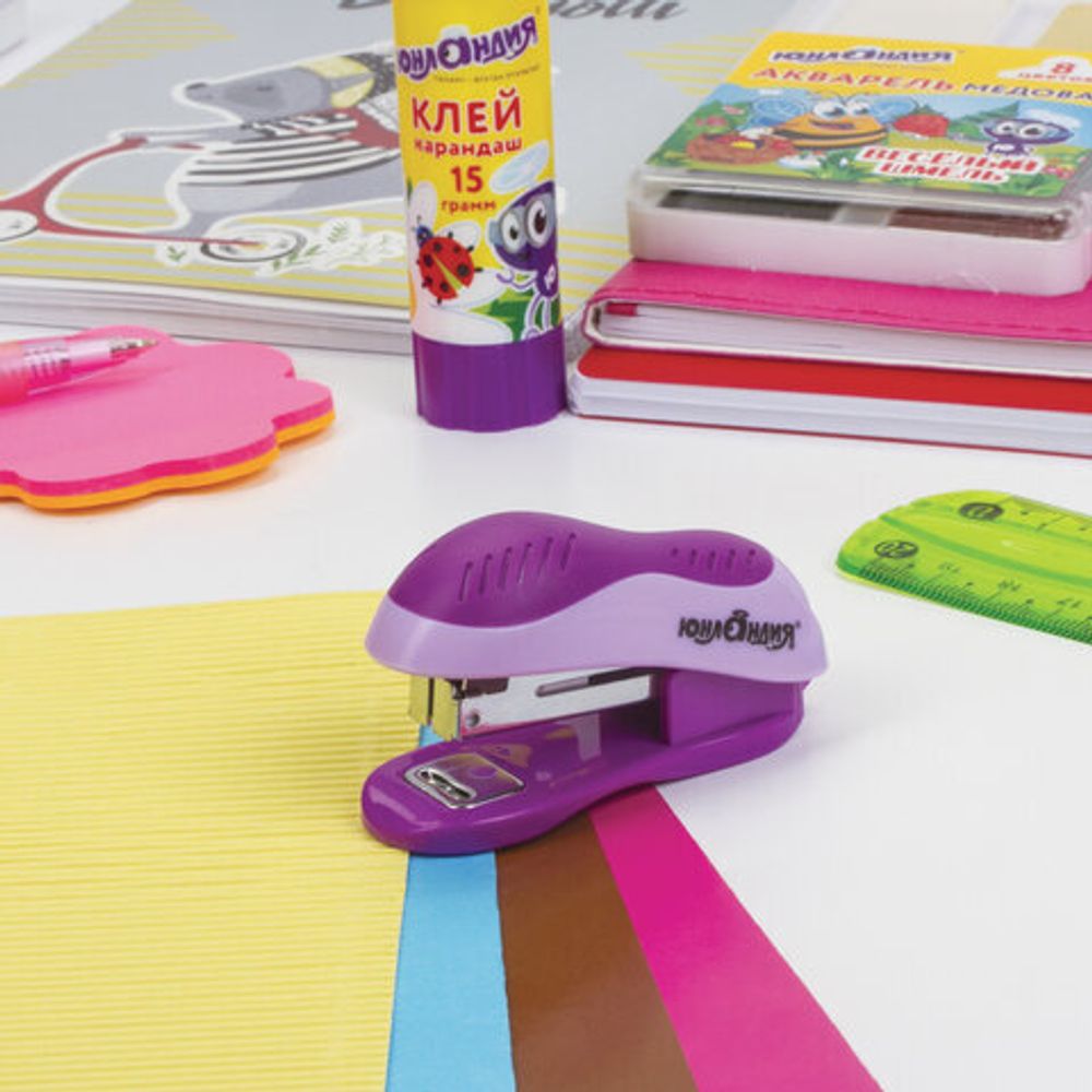 Степлер №10 МИНИ ЮНЛАНДИЯ, до 15 листов, с антистеплером, эргономичный, фиолетовый, 228492