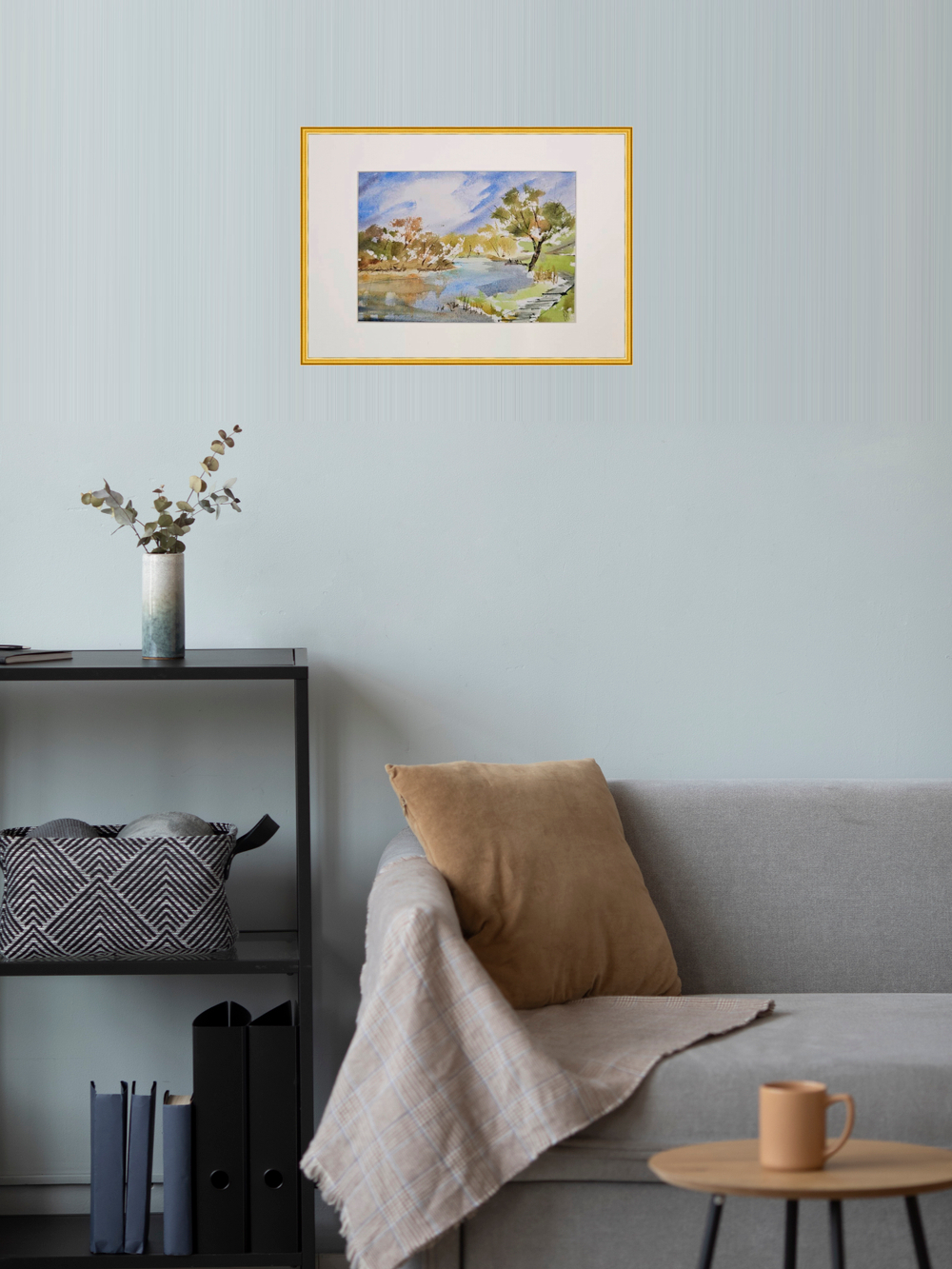 Картина авторская акварельная в паспарту 21х30 см на стену для интерьера "Разлив Осетра"