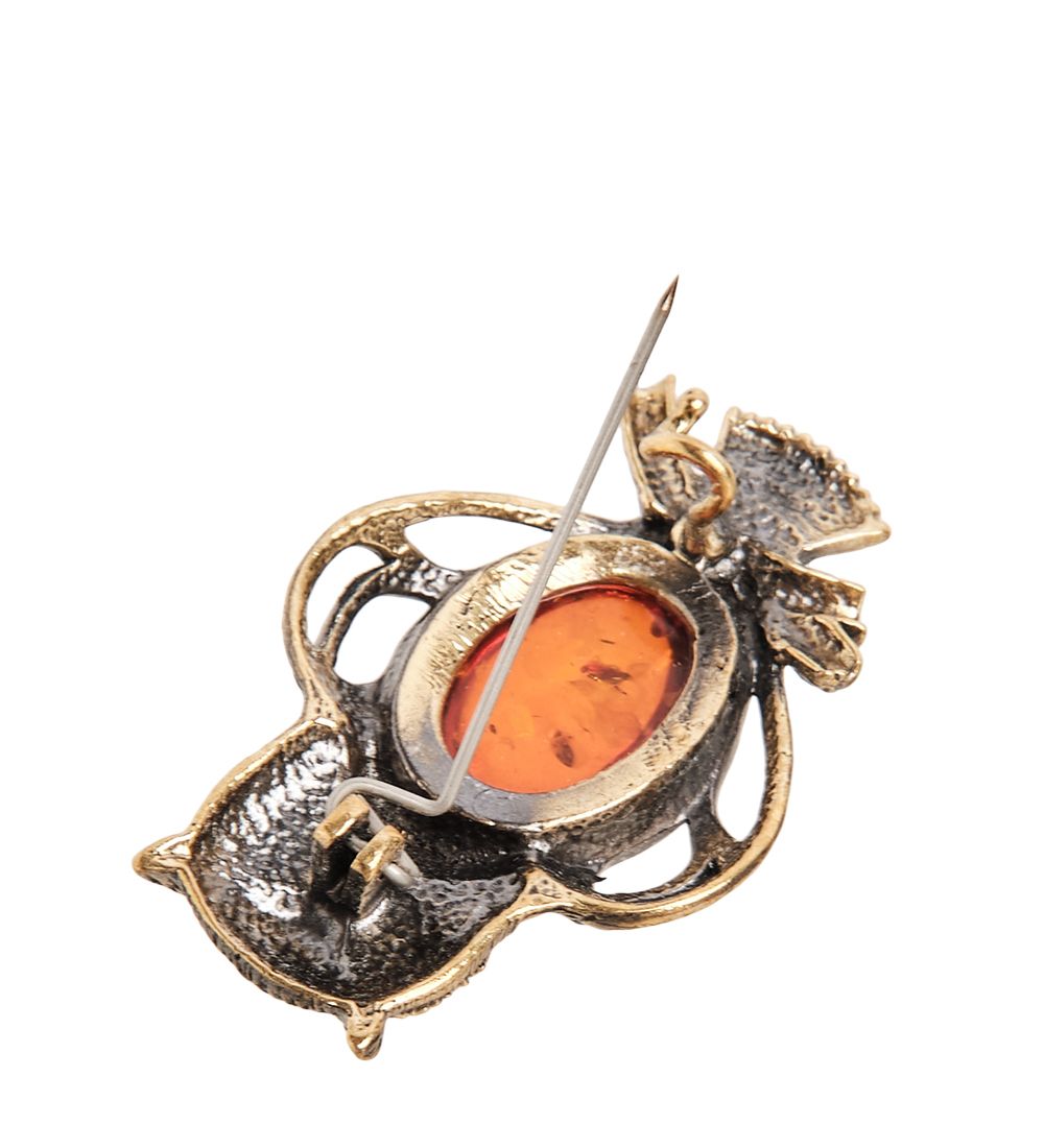 AM- 946 Брошь «Сова Мудрая» (латунь, янтарь)