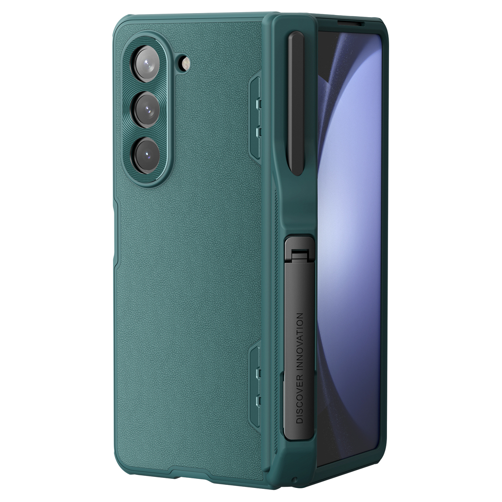 Чехол зеленого цвета от Nillkin с вставки из кожи на Samsung Galaxy Z Fold 5, серия CamShield Fold Leather, в комплекте со съемным держателем для S Pen