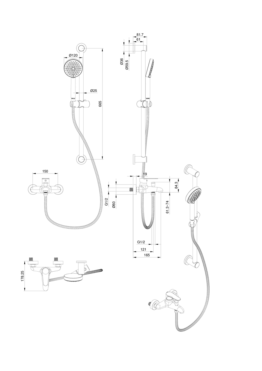 Смеситель для ванны с душевым гарнитуром WONZON & WOGHAND ALFA, Хром (WW-AE3205-CR)