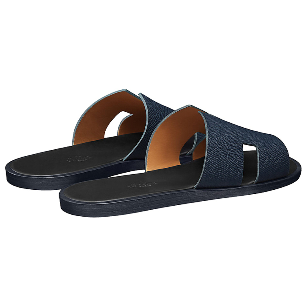 Hermes Izmere first layer cowhide flat-bottomed comfortable fashion sandals men's dark blue, H152415Z HI2