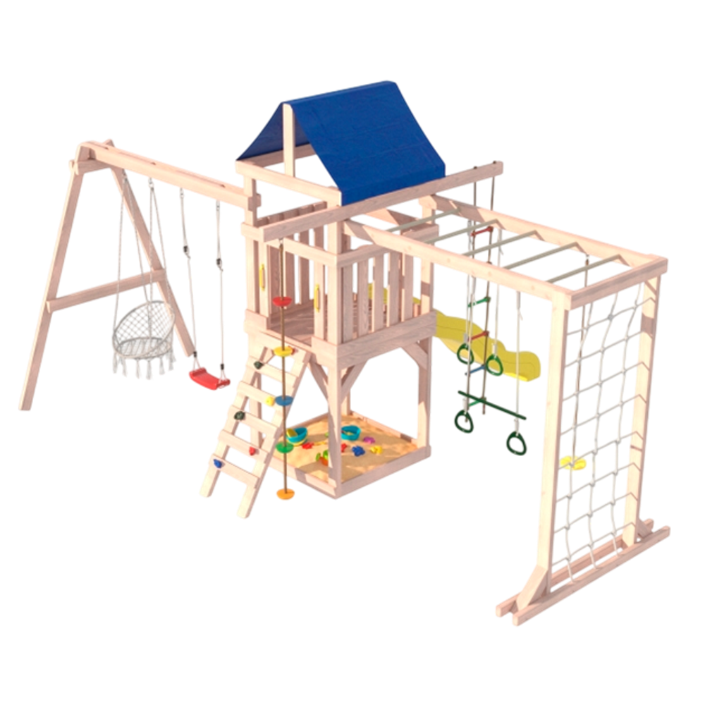 Детская площадка Fun Land неокрашенная с сеткой, рукоходом, качелями и плетенным креслом