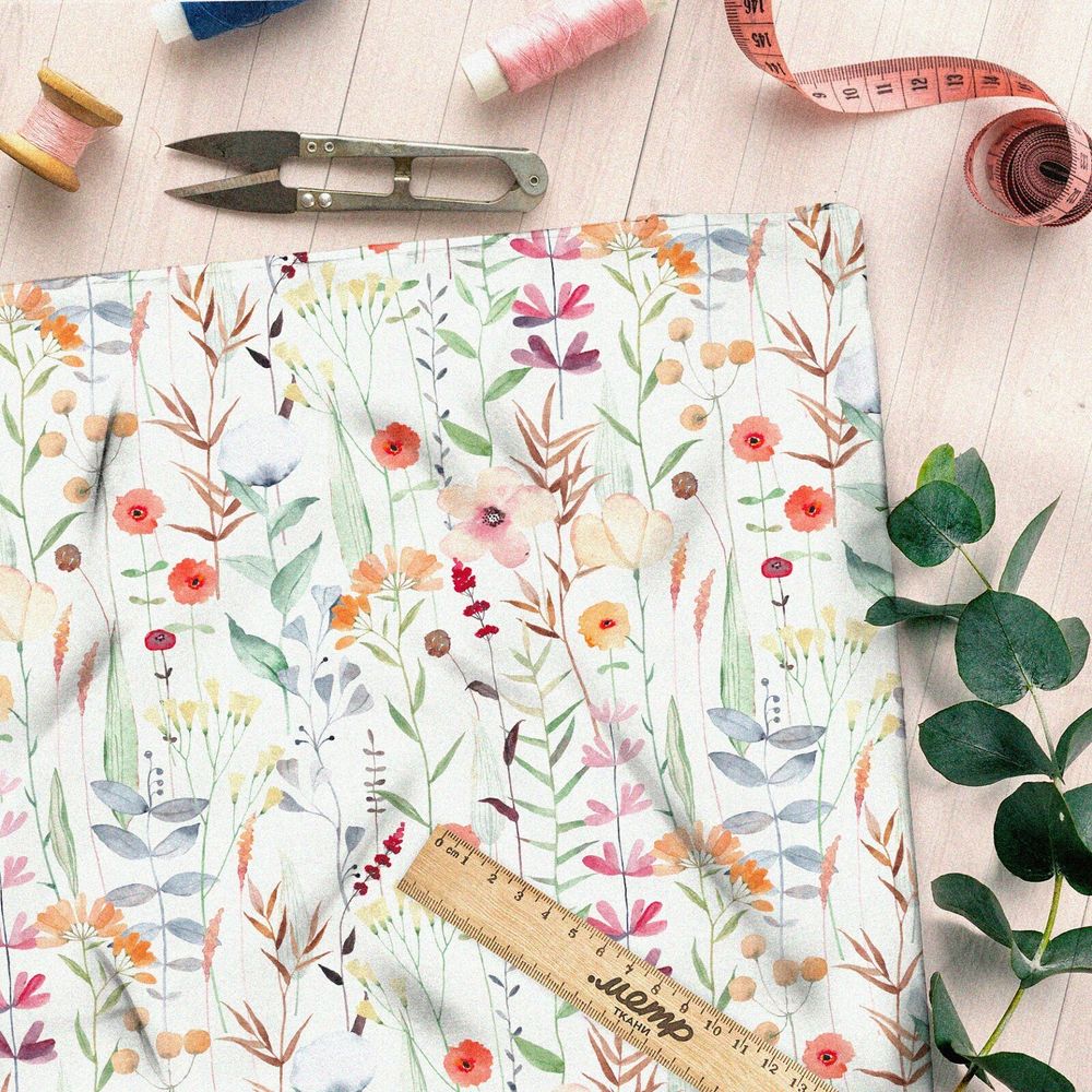 Ткань блэкаут акварельные листочки с цветами