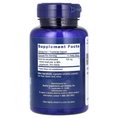 Life Extension, Mega Green Tea Extract, экстракт зелёного чая, без кофеина, 100 вегетарианских капсул (725 мг в 1 капсуле)