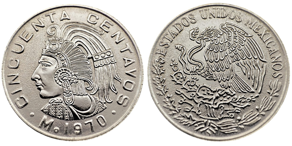 Мексика 50 сентаво, 1970 - 1983 Куаутемок XF