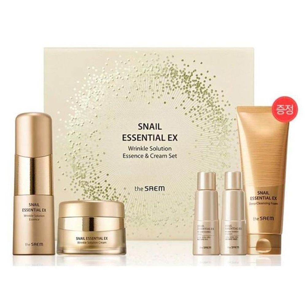 The Saem Snail Essential EX Wrinkle Solution Essence &amp; Cream Set  набор антивозрастной с коллагеном и улиточным экстрактом