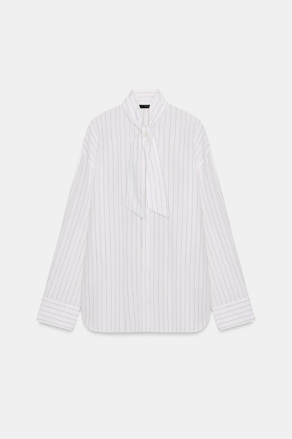 ZARA РУБАШКА ИЗ ПОПЛИНА В ПОЛОСКУ С ШАРФОМ, КОРИЧНЕВЫЙ/БЕЛЫЙ