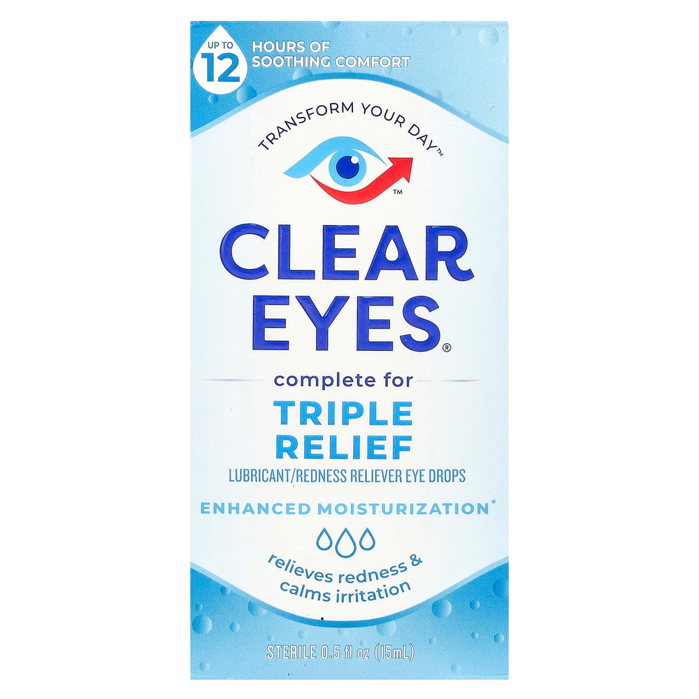 Clear Eyes, Triple Action, увлажняющие / снимающие покраснение капли для глаз, 15 мл (0,5 жидк. унц.)