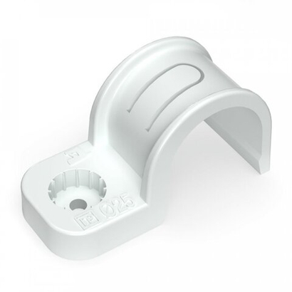 Крепеж-скоба пластиковая односторонняя для прямого монтажа белая в п/э д25 (50шт/450шт уп/кор) Промрукав