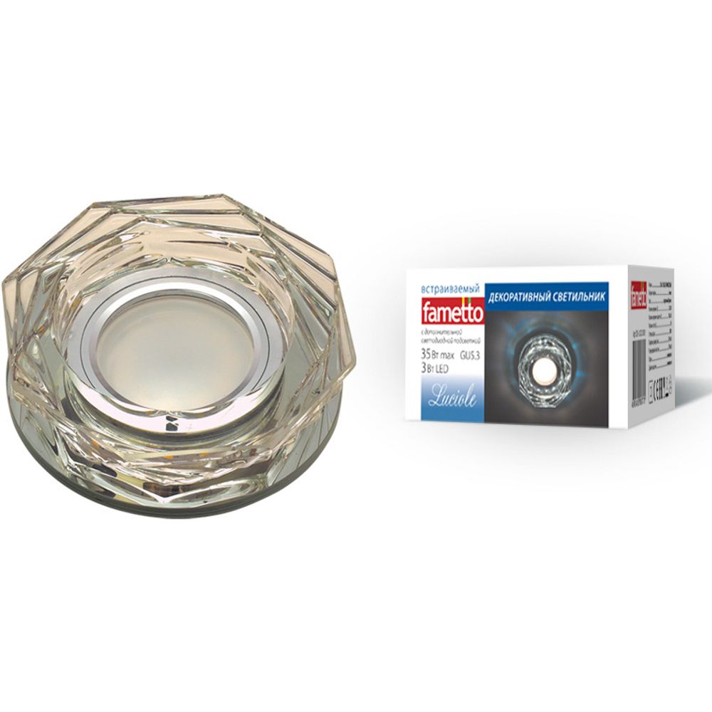 DLS-L122 GU5.3 BRONZE/CLEAR Светильник декоративный встраиваемый, серия Luciole. Без лампы, цоколь GU5.3. Доп. светодиодная подсветка 3Вт. Стекло/стек