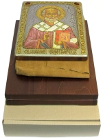 Инкрустированная икона Святитель Николай, архиепископ Мир Ликийский (Мирликийский), Чудотворец 29х21см на натуральном дереве в подарочной коробке