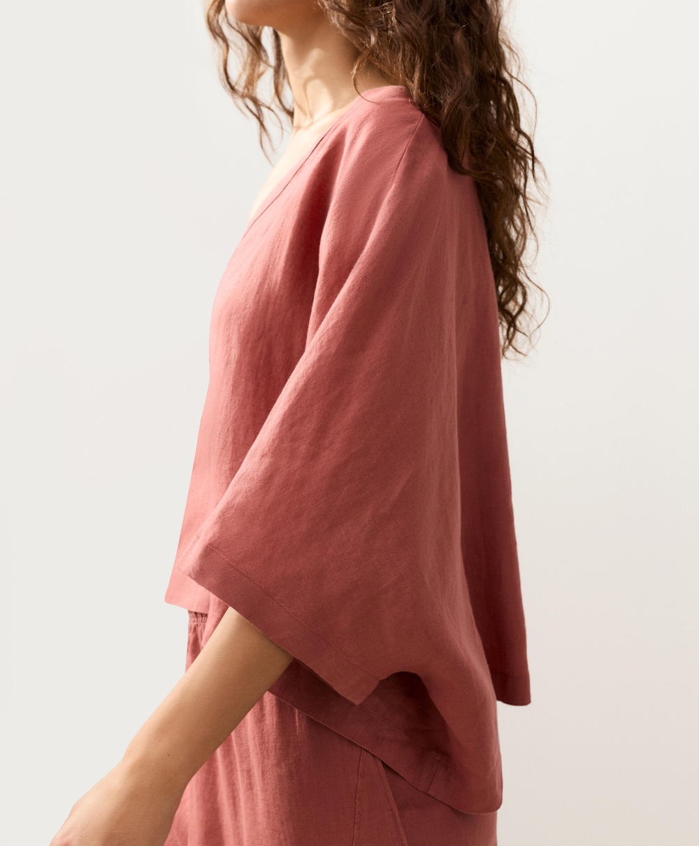 Oysho Рубашка с коротким рукавом из 100% льна, коралловый