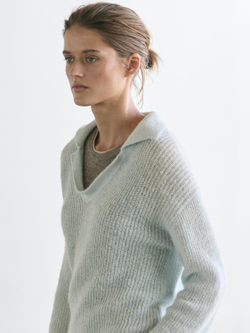 Massimo Dutti Трикотажный свитер поло из смесовой альпаки, небесно-голубой