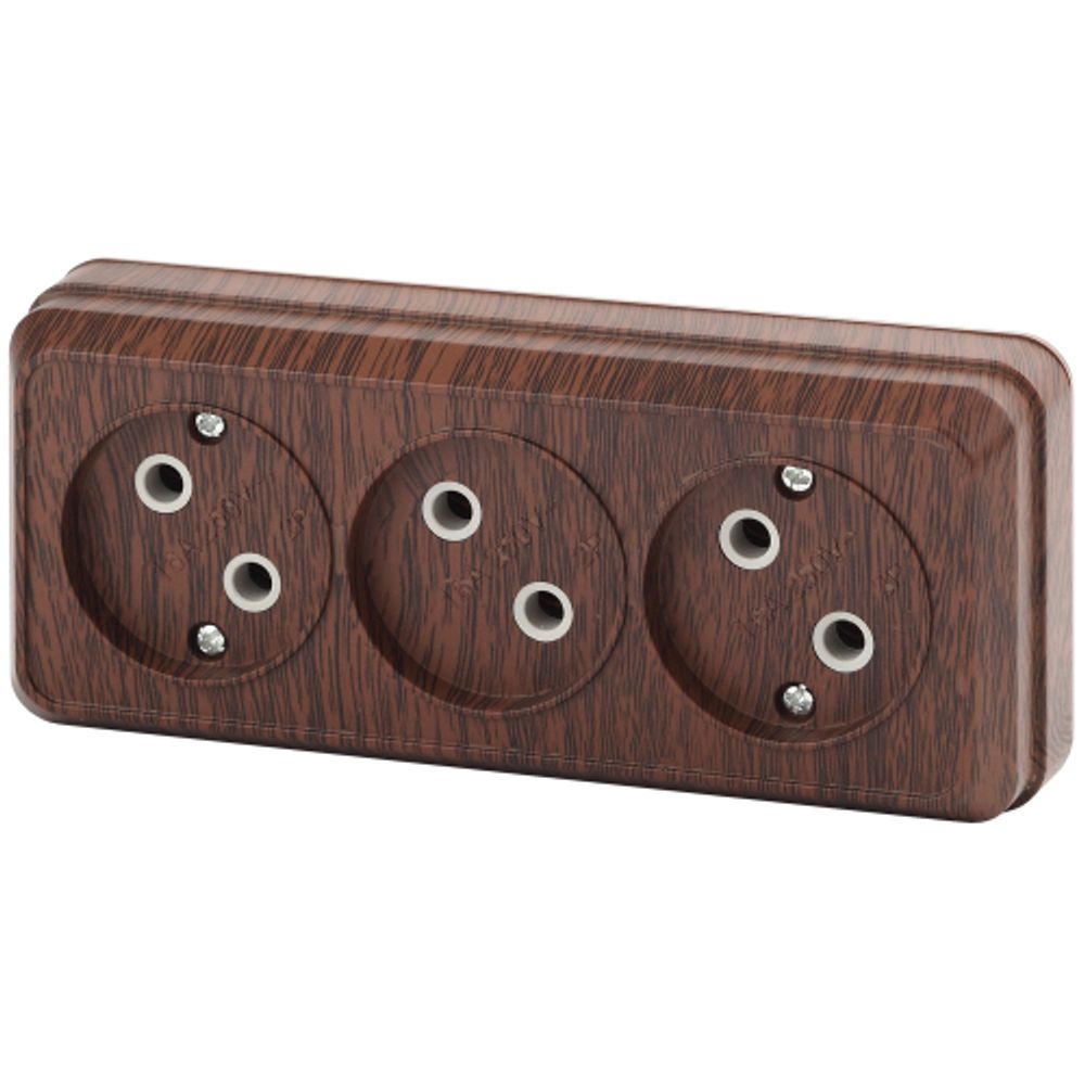 Розетка Intro Quadro 2-205-10 без заземления трехместная 3х2P, 16А-250В, IP20, ОУ, венге | Intro