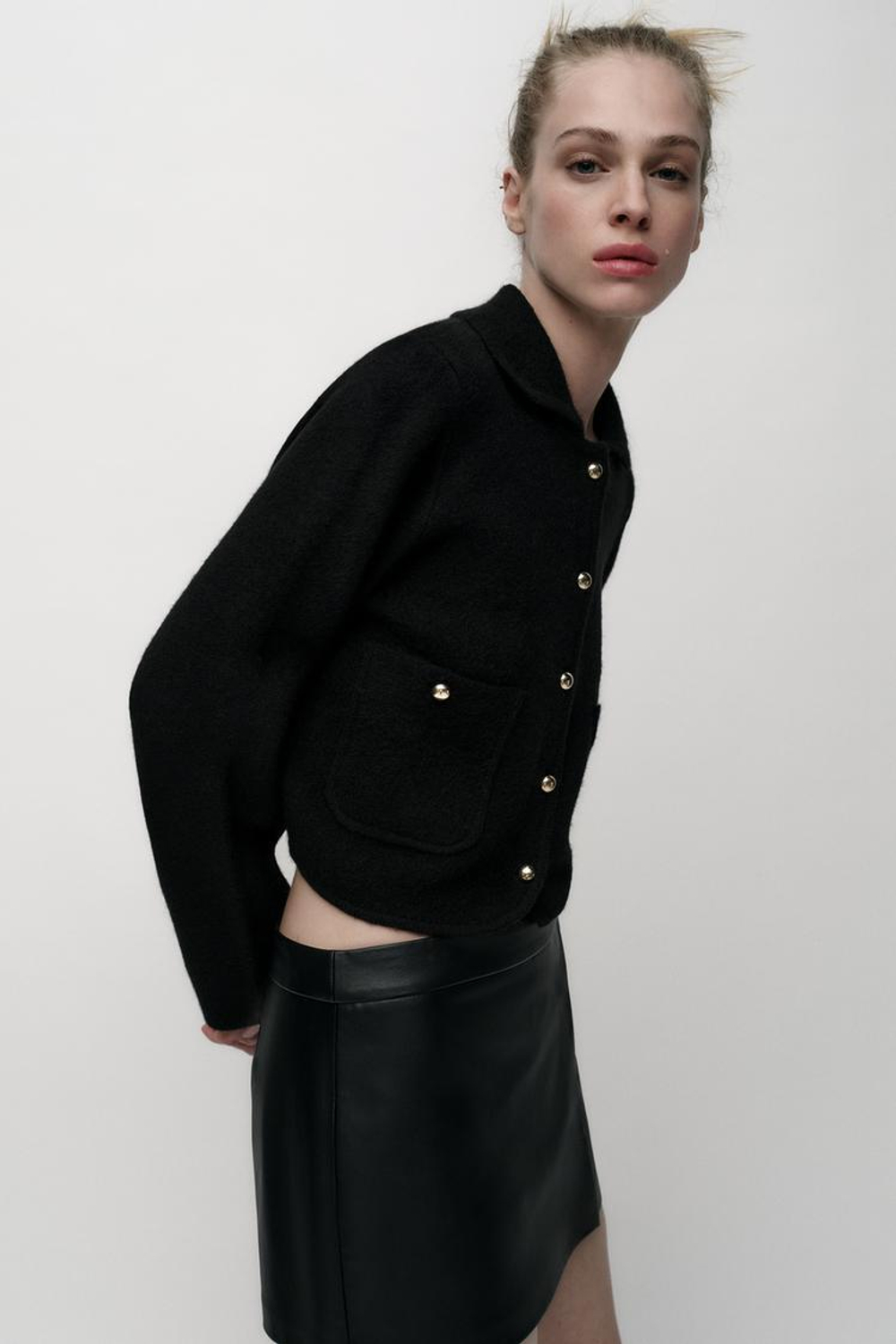 ZARA ОДНОТОННЫЙ КАРДИГАН С ВОРОТНИКОМ ПОЛО, ЧЕРНЫЙ