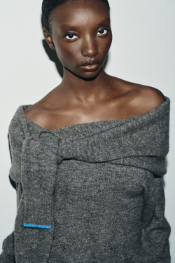 ZARA ТРИКОТАЖНЫЙ ДЖЕМПЕР С ОТКРЫТЫМИ ПЛЕЧАМИ, СЕРЫЙ МЕЛАНЖ