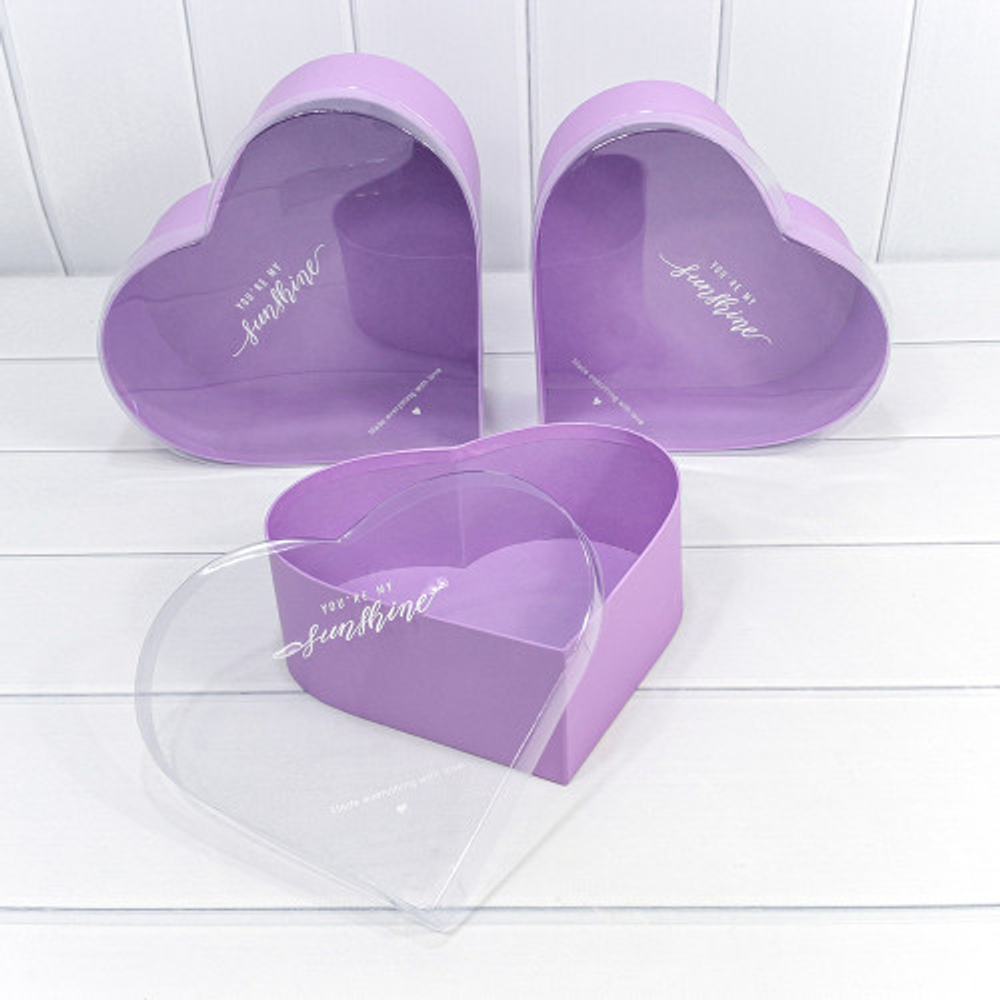 Коробка 28х25.2х11 см Набор 3 шт "Сердце" с прозрачной крышкой (Сиреневый)