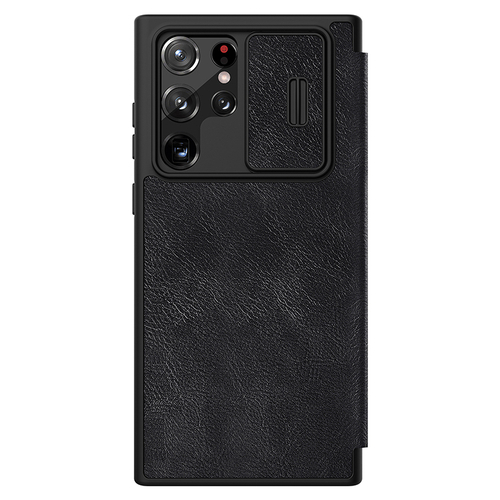 Кожаный чехол книжка от Nillkin для Samsung Galaxy S22 Ultra, черный цвет, серия Qin Pro Leather с защитной шторкой для камеры