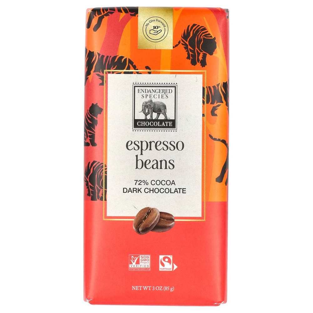 Endangered Species Chocolate, Зерна эспрессо + темный шоколад, 72% какао, 85 г (3 унции)