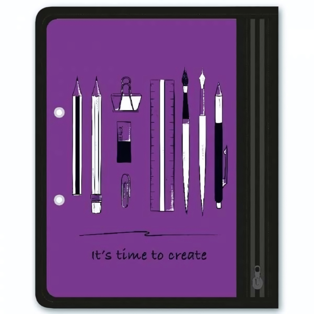 Папка для канц. принадлежностей А5 1 отд. на молнии "Канцелярия на фиолетовом" пластик, УФ печать