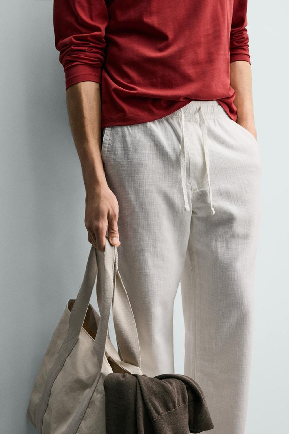 ZARA БРЮКИ СВОБОДНОГО КРОЯ С ФАКТУРОЙ, ЖЕЛТОВАТО-БЕЛЫЙ