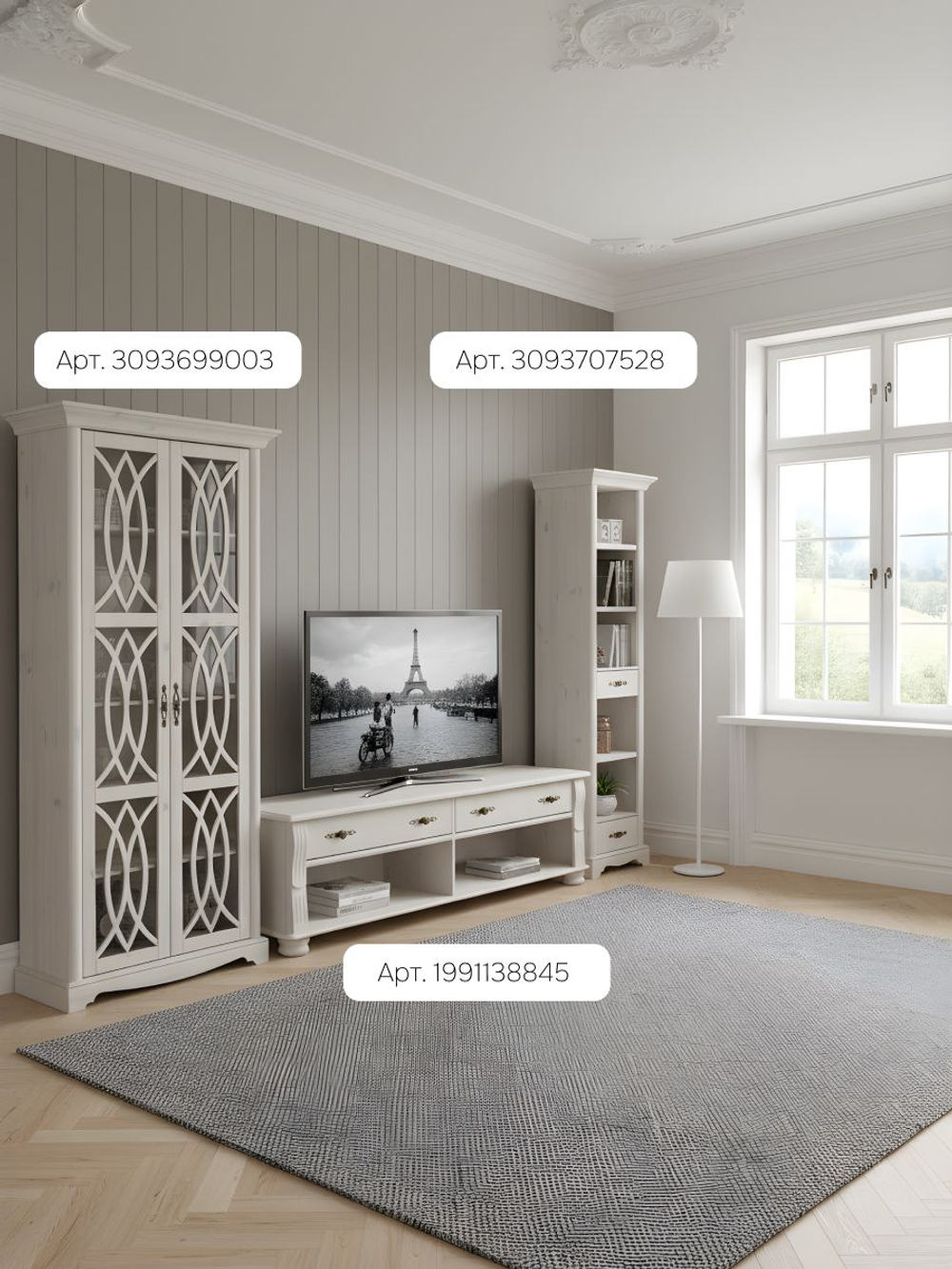 Шкаф витрина, 55х40х195, Вера, сервант, в гостиную и кухню, c ящиками, массив сосны, белый, Dipriz