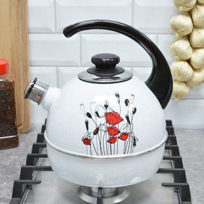 Чайник 4л со свистком, консольная ручка, белый "Полевые маки"