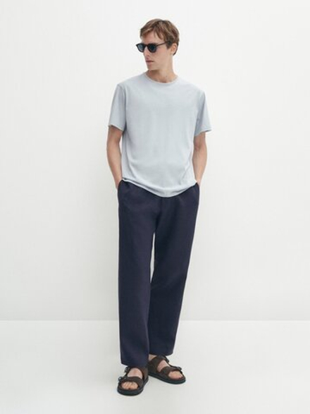 Massimo Dutti Хлопковая футболка с короткими рукавами, светло-голубой