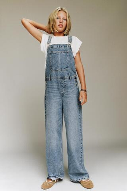 ZARA ДЖИНСОВЫЙ КОМБИНЕЗОН WIDE LEG, СИНИЙ