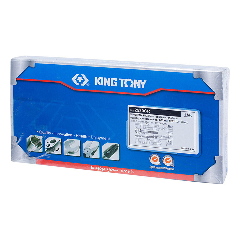 KING TONY (2530CR) Набор торцевых головок с принадлежностями 1/4", 6-гранные, 4-12 мм и 5/32"-1/2", 30 предметов