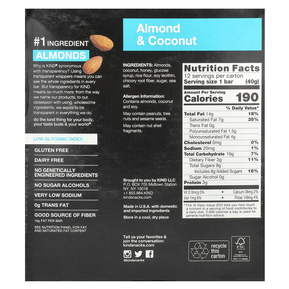 KIND Bars, Миндаль и кокос, 12 батончиков по 40 г (1,4 унции)