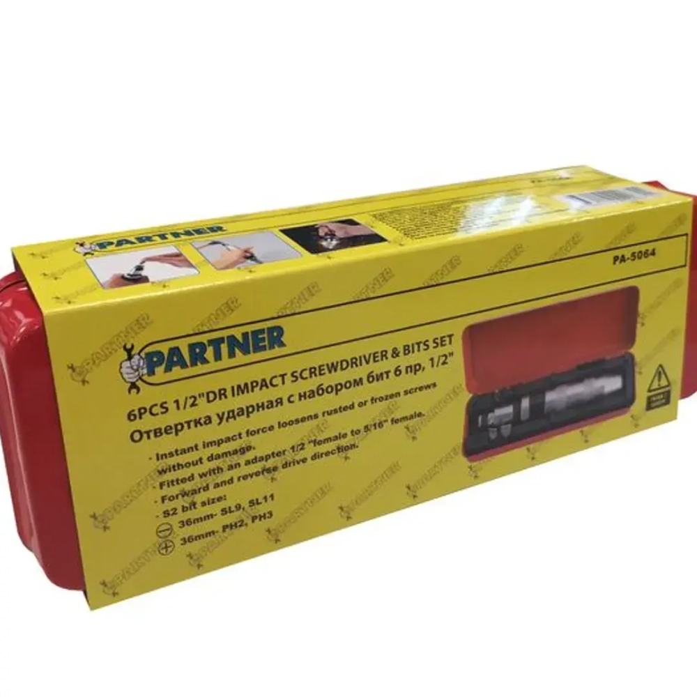 Отвертка ударная с набором бит и адаптером, 6пр 1/2''(F)х5/16''(F) (PH2,3х36мм, SL9,11х36мм) в метал. кейсе Partner PA-5064