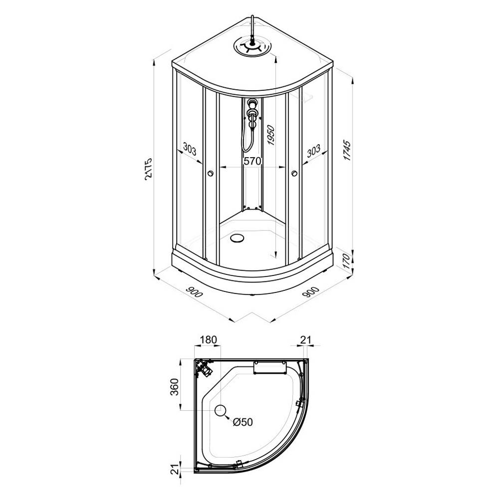 Душевая Кабина Грэй-Блэк 90*90 А